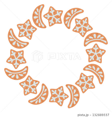 Simple gingerbread cookie snowflake and month festive round frame with Christmas decor. The simple vector design perfect for Christmas and New Year decorations or holiday greetings. 132889337