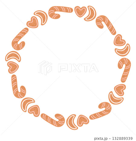 Simple gingerbread different cookies festive round frame with Christmas decor. The simple vector design perfect for Christmas and New Year decorations or holiday greetings. 132889339