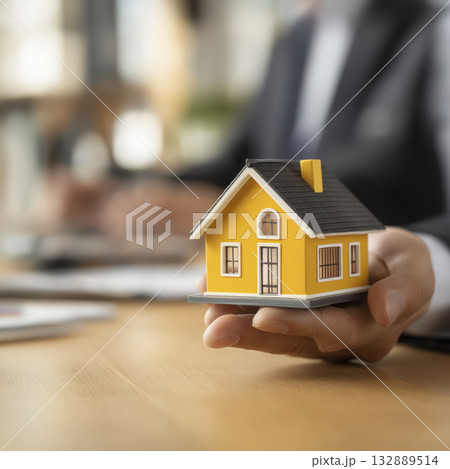 Real estate agent house model client meeting property sale home purchase handshake modern office mortgage advice confident 132889514