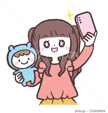 ぬい活で自撮りする女性のイラスト 132889684