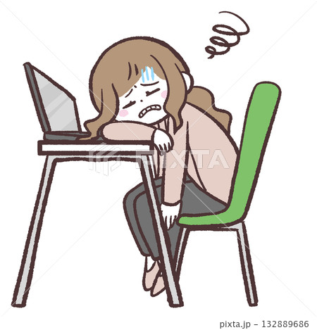 つらそうに机に向かう女性のイラスト 132889686