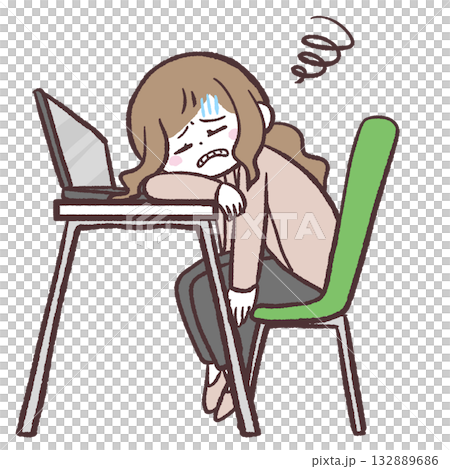 圖:一位痛苦地坐在辦公桌前的女人 圖:一位痛苦地坐在辦公桌前的女人 132889686