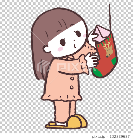 靴下に手紙を入れる女の子のイラスト 132889687