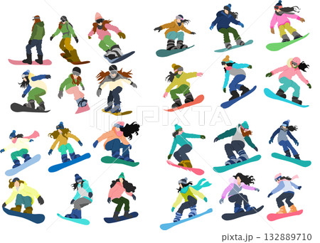 冬の雪山でスノボーする女性のイラストセット	 132889710