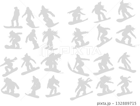 冬の雪山でスノボーする女性のイラストセット 冬の雪山でスノボーする女性のイラストセット 132889715