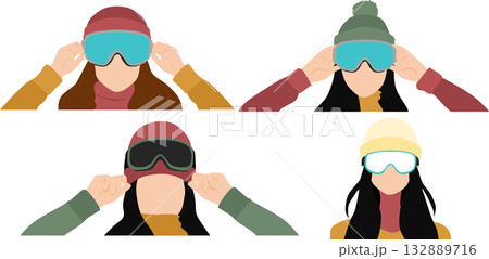 冬の雪山でスノボーする女性のイラストセット 冬の雪山でスノボーする女性のイラストセット 132889716