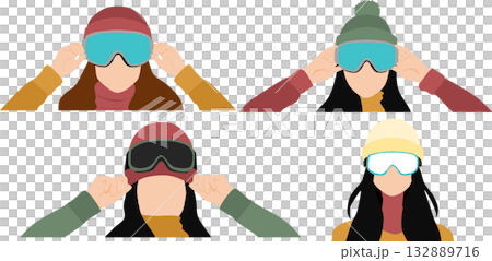 冬の雪山でスノボーする女性のイラストセット 冬の雪山でスノボーする女性のイラストセット 132889716