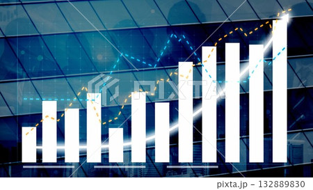 Data Visualization of Financial Growth with Bar Charts and Line Graphs Reflecting Business Trends and Market Performance Over Skyscraper Glass Surface Copula 132889830