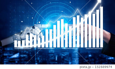 Business Collaboration Between Human and Robot with Growth Chart in Background, Symbolizing Future of Technology and Automation in Corporate Environment Copula Business Collaboration Between Human and Robot with Growth Chart in Background, Symbolizing Future of Technology and Automation in Corporate Environment Copula 132889974