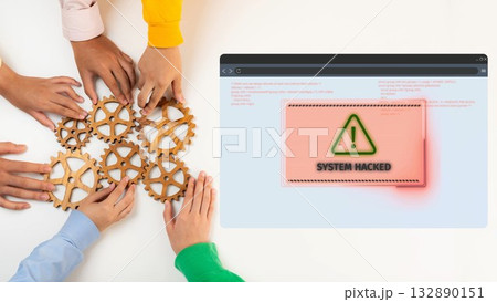 Hands of diverse professionals collaborating on gears, displaying a computer screen with a warning about a security breach, symbolizing cybersecurity challenges. Raster Hands of diverse professionals collaborating on gears, displaying a computer screen with a warning about a security breach, symbolizing cybersecurity challenges. Raster 132890151