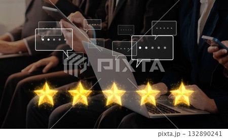 Business professionals engaged in digital communication, chatting on devices with star ratings and speech bubbles representing feedback and reviews concept. Raster Business professionals engaged in digital communication, chatting on devices with star ratings and speech bubbles representing feedback and reviews concept. Raster 132890241