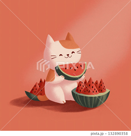 Cute cat watermelon slice bowl fruit summer cartoon playful joy fills scene as cute cat enjoys watermelon slice beside bowl Cute cat watermelon slice bowl fruit summer cartoon playful joy fills scene as cute cat enjoys watermelon slice beside bowl 132890358
