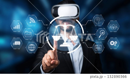 Business professional using virtual reality headset to interact with digital scales representing justice and law concepts in a futuristic environment. Raster 132890366