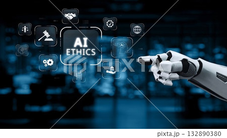 Robotic Hand Pointing at AI Ethics Concept with Various Technology Icons in Modern Office Setting, Symbolizing Future of Artificial Intelligence Governance Synapse Robotic Hand Pointing at AI Ethics Concept with Various Technology Icons in Modern Office Setting, Symbolizing Future of Artificial Intelligence Governance Synapse 132890380