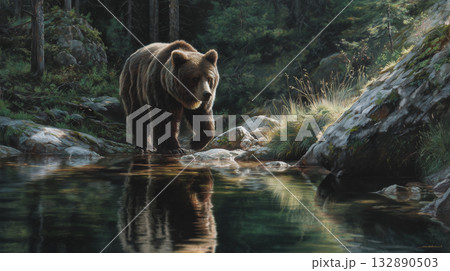 川辺を歩くクマ 132890503