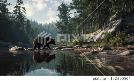 川辺を歩くクマ 132890504