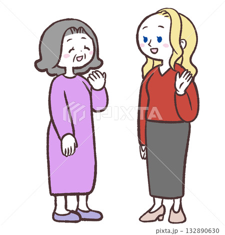 白人女性とシニア女性が会話するイラスト 132890630