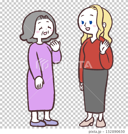Illustration of a Caucasian woman and a senior woman having a conversation Illustration of a Caucasian woman and a senior woman having a conversation 132890630