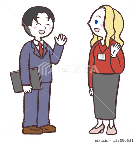 男子学生と白人女性が会話するイラスト 男子学生と白人女性が会話するイラスト 132890631