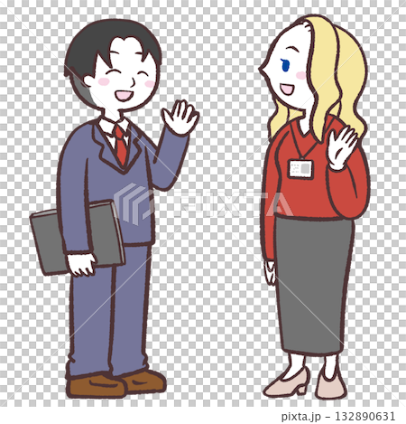 男子学生と白人女性が会話するイラスト 男子学生と白人女性が会話するイラスト 132890631