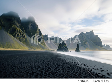 Black sand beach stretching towards rugged moss covered mountains and sea stacks 132891139