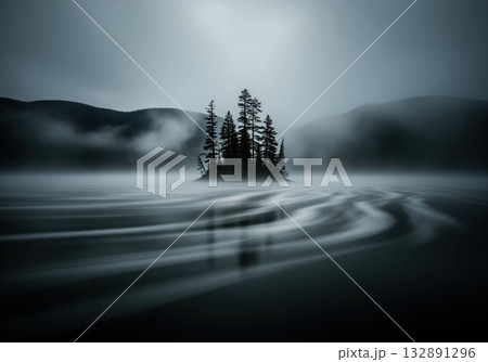 Dramatic long exposure of a solitary island and pine forest shrouded in thick mist. 132891296