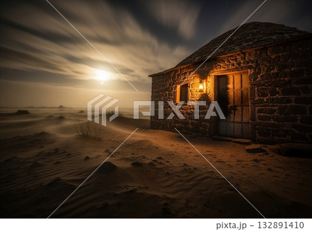Ancient stone structure illuminated by warm light in a desolate, windy desert night 132891410