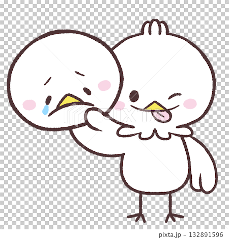 Illustration of a laughing white bird holding a crying mask Illustration of a laughing white bird holding a crying mask 132891596