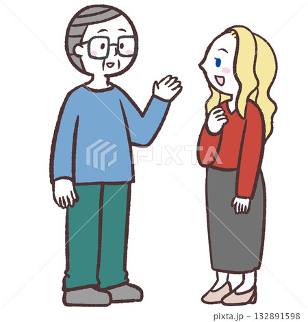 シニア男性と白人女性が会話するイラスト シニア男性と白人女性が会話するイラスト 132891598