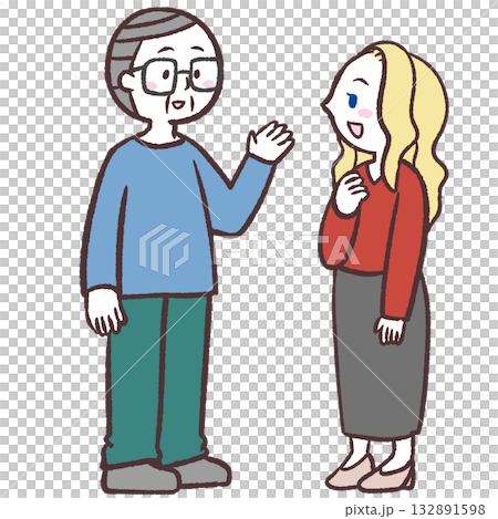 シニア男性と白人女性が会話するイラスト シニア男性と白人女性が会話するイラスト 132891598