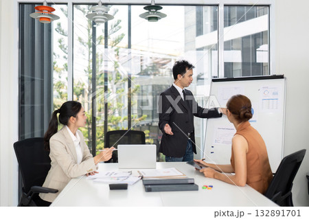 Business Meeting with Presentation. Professionals discussing strategy in a modern office. 132891701