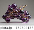 grapes sculpture, cluster of amethyst crystal spheres, metallic vine forged from gold, reflective polished surface  132892187