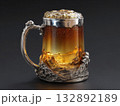 beer mug sculpture, forged from stainless steel, golden liquid as molten amber metal, foamy top made of silver, reflective surface  132892189