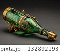 champagne bottle sculpture forged from green emerald metal, golden metallic foil top, reflective shiny details  132892193