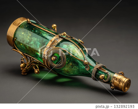 champagne bottle sculpture forged from green emerald metal, golden metallic foil top, reflective shiny details champagne bottle sculpture forged from green emerald metal, golden metallic foil top, reflective shiny details 132892193