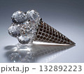 ice cream cone sculpture, scoops carved from crystal glass, silver waffle cone, shiny reflective details, studio lighting, minimalist backdrop  132892223