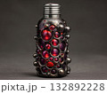 bottle of soda sculpture, container forged from stainless steel, liquid glowing ruby metal, metallic bubbles  132892228