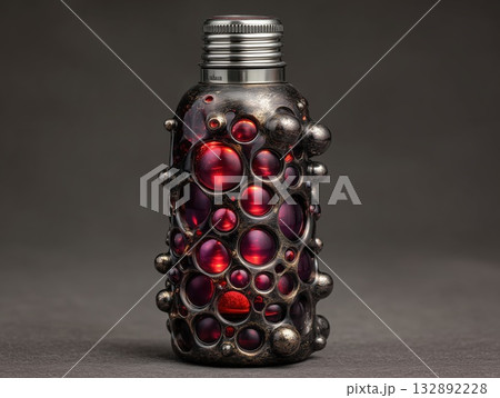 bottle of soda sculpture, container forged from stainless steel, liquid glowing ruby metal, metallic bubbles  132892228