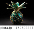 pineapple sculpture, body forged from gold, leaves made of emerald titanium, reflective shiny details  132892245