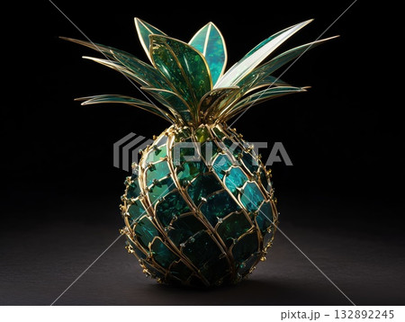 pineapple sculpture, body forged from gold, leaves made of emerald titanium, reflective shiny details  132892245