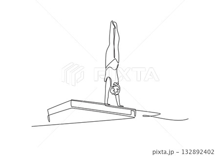 Single one line drawing beauty woman diving athlete balanced perfectly on her hands in handstand on diving board, focused control before dive. Continuous line draw design graphic vector illustration 132892402