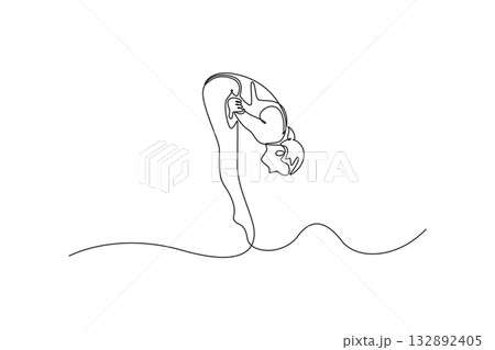 Single one line drawing woman diving athlete is executing flawless tuck position in mid-air, illustrating precision, control, and grace. Modern continuous line draw design graphic vector illustration 132892405