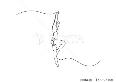 Continuous one line drawing man diving athlete jump mid-air in graceful, one-legged takeoff with arms extended, balance, fluid motion before dive. Single line draw design vector graphic illustration Continuous one line drawing man diving athlete jump mid-air in graceful, one-legged takeoff with arms extended, balance, fluid motion before dive. Single line draw design vector graphic illustration 132892406
