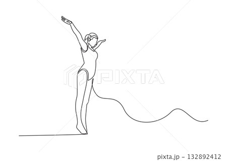 Continuous one line drawing beauty woman diving athlete poised on edge of diving board with arms raised, balance, grace, anticipation before dive. Single line draw design vector graphic illustration Continuous one line drawing beauty woman diving athlete poised on edge of diving board with arms raised, balance, grace, anticipation before dive. Single line draw design vector graphic illustration 132892412
