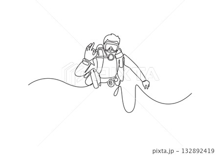 Continuous one line drawing attractive scuba diver is floating underwater with tank and mask, giving the OK sign to indicate safety and exploration. Single line draw design vector graphic illustration 132892419