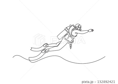 Continuous one line drawing scuba diver is floating underwater with a tank and fins, gliding effortlessly and pointing forward, fluid exploration. Single line draw design vector graphic illustration 132892421