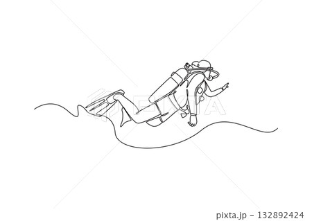 Single continuous line drawing scuba diver is floating underwater with a tank and fins, pointing the way for exploration, fluid motion and adventure. One line draw graphic design vector illustration 132892424