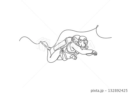 Single continuous line drawing scuba diver is floating underwater with a tank and fins, gliding in horizontal motion, fluid exploration and adventure. One line draw graphic design vector illustration 132892425
