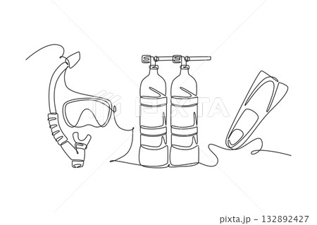 Single one line drawing collection of scuba diving gear: a mask, snorkel, twin tanks, and a fin, essential equipment for underwater exploration. Continuous line draw design graphic vector illustration Single one line drawing collection of scuba diving gear: a mask, snorkel, twin tanks, and a fin, essential equipment for underwater exploration. Continuous line draw design graphic vector illustration 132892427