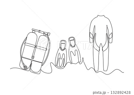 Single continuous line drawing collection of scuba diving gear: twin tanks, pair of fins, and wetsuit, essential equipment for underwater exploration. One line draw graphic design vector illustration 132892428